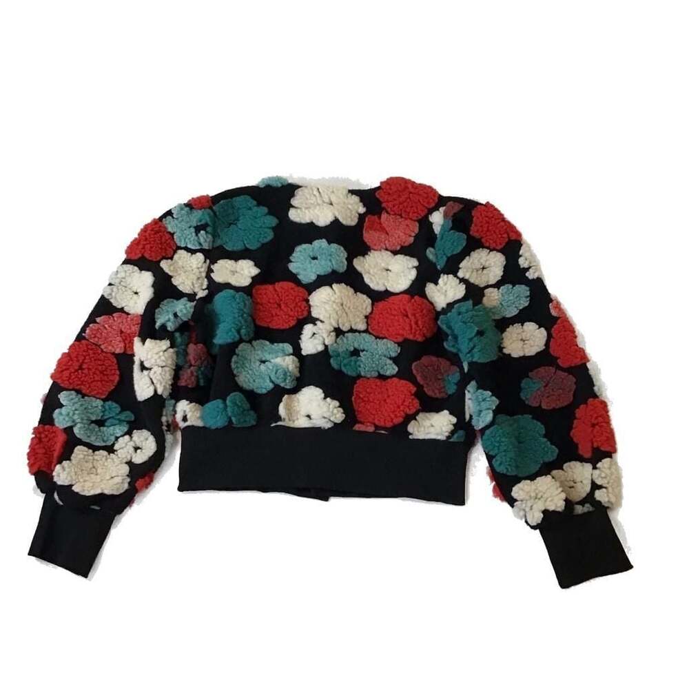 Vibrant 3D Floral Textured Bomber Jacket Multi-Color Sherpa Applique Womens  L - Picture 6 of 10